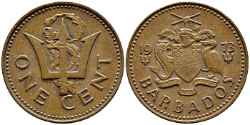 Барбадос 1 цент 1973 сломанный трезубец Британии KM 10 бронза 4396-1245