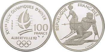 Франция 100 франков 1990 XVI Зимние Олимпийские игры 1992 в Альбервиле, слалом KM 984 серебро PROOF 1074-9-14
