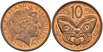 Новая Зеландия 10 центов 2007 маска Маори, Елизавета II (1952-) KM 117а сталь плакированная медью 4179-724