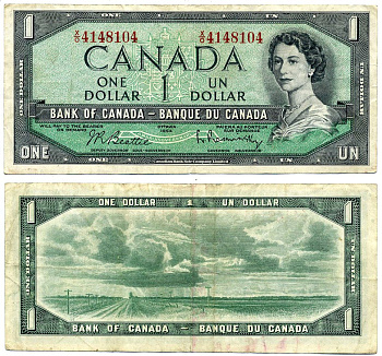 Канада 1 доллар 1954 подписи Beattie & Rasminsky, CBNC Pick 74b бумага 8603-33-2-1