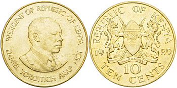 Кения 10 центов 1989 Дэниэл арап Мои KM 18 никель латунь UNC 4512-245