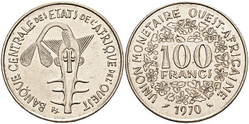Валютное сообщество стран Западной Африки 100 франков 1970  KM 4 никель    4595-746