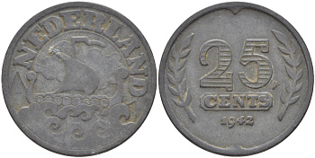 НИДЕРЛАНДЫ 25 ЦЕНТОВ 1942 KM 174 цинк 83-227