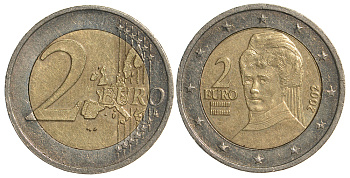 Австрия 2 евро 2002 Берта фон Зутнер KM 3089 биметалл 76-726