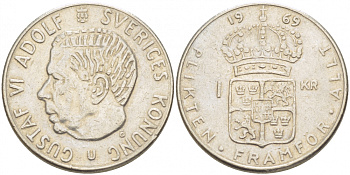 Швеция 1 крона 1969 Густав VI Адольф (1950-1973) KM 826a медь плакированная медно-никелем 3718-623