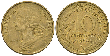 Франция 10 сантимов 1964 тип Marianne KM 929 медь алюминий никель 3458-1112