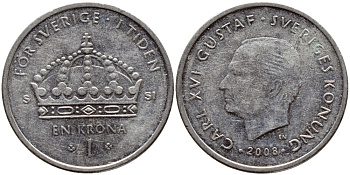 Швеция 1 крона 2008 Карл XVI Густав (1973- ) KM 894 медно-никель 259-126