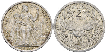 Французская Новая Каледония 2 франка 1990 птица кагу, (IEOM) KM 14, Schoen 11, Lec 66 алюминий    27-1136