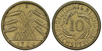Германия 10 рейхспфеннигов 1930 E KM 40, J. 317 алюминиевая бронза 4121-926