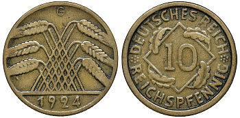 ГЕРМАНИЯ 10 РЕЙХСПФЕННИГОВ 1924 G KM 40, J. 317, Weege 9 алюминиевая бронза 72-1542