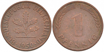 ФРГ 1 ПФЕННИГ 1950 G KM 105, J.380 сталь плакированная медью 112-925