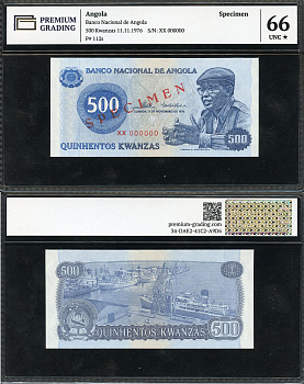 Ангола 500 кванза 1976 Антонио Агостиньо Нето, порт Луанды, specimen, в слабе Premium Grading, 66 UNC Pick 112 s  бумага  UNC (пресс) 452-3-24