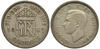 Великобритания 6 пенсов 1942 Георг VI (1936-1952) KM 852, Spink 4084 серебро 4538-447