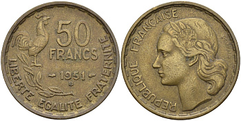 Франция 50 франков 1951 B, петух KM 918.1, Le Franc 425.5 алюминиевая бронза 4144-432