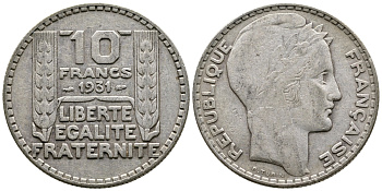 Франция 10 франков 1934 Пьер Тюрен KM 878, Le Franc 360.7 серебро 177-953