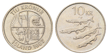 Исландия 10 крон 1987 рыбы KM 29.1 медно-никель 4691-234