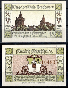 Штасфурт (Пруссия, Саксония) 25 пфеннигов 1921 Mehl Grabowski 1256.2c-4/6 бумага UNC (пресс) 7556-69-1-2