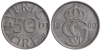 Швеция 50 эре 1980 U, Карл XVI Густав (1973- ) KM 855 медно-никель UNC 4364-1553