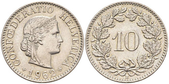 ШВЕЙЦАРИЯ 10 РАППЕНОВ 1962 В KM 27 медно-никель 55-327