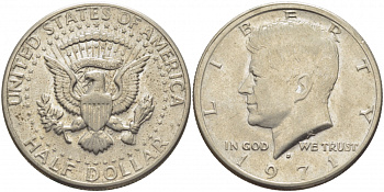 США 1/2 доллара (50 центов) 1971 D, Джон Кеннеди KM 202b медь плакированная медно-никелем 109-743