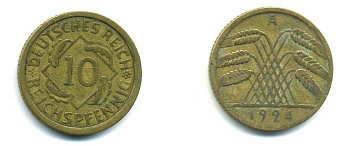 ГЕРМАНИЯ 10 РЕЙХСПФЕННИГОВ 1924 A KM 40, J. 317, Weege 9 алюминиевая бронза 46-1414