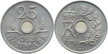 ДАНИЯ 25 ЭРЕ 1972 S; S, ФРЕДЕРИК IX (1947-1972) KM 855.2 медно-никель 4391-1237