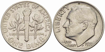 США 10 центов (дайм) 1978 Рузвельт KM 195а медь плакированная медно-никелем  105-661
