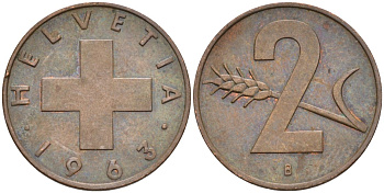 Швейцария 2 раппена 1963 В KM 47 бронза 4591-1234