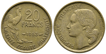 ФРАНЦИЯ 20 ФРАНКОВ 1953 ПЕТУХ KM 917.1 алюминиевая бронза 4364-3712