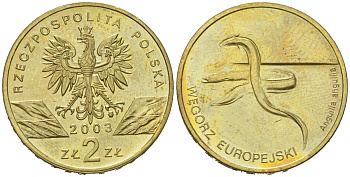 Польша 2 злотых 2003 MW, серия сохраним наш мир, европейский угорь KM 445 нордик UNC 4574-843