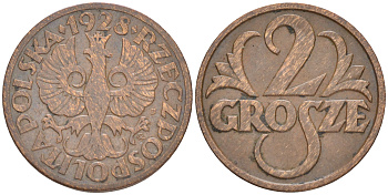 ПОЛЬША 2 ГРОША 1928 w KM 9а бронза 4516-854