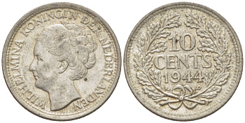 Нидерланды 10 центов 1944 Вильгельмина (1890-1948) KM 163 серебро aUNC 66-1241