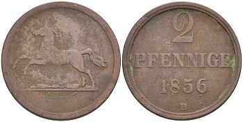 БРАУНШВЕЙГ-ВОЛЬФЕНБЮТТЕЛЬ 2 ПФЕННИГА 1856 В, ВИЛЬГЕЛЬМ (1831-1884) KM 1143 медь 210-155