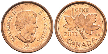 Канада 1 цент 2011 Елизавета II (1952-2022), кленовый лист KM 490 цинк плакированный медью 4609-427