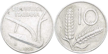 Италия 10 лир 1953 R, плуг, колосья KM 93 алюминий 175-342
