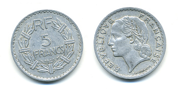 ФРАНЦИЯ 5 ФРАНКОВ 1946 KM 888b.1 алюминий 4379-123