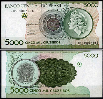 Бразилия 5000 крузейро 1990 голова свободы Pick 227 бумага UNC (пресс) 2196-35-3-1