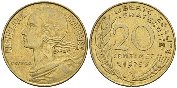 Франция 20 сантимов 1975 тип Marianne KM 930, Le Franc 156.15 медь алюминий никель 4592-1043