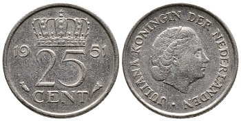 Нидерланды 25 центов 1951 Юлиана (1949-1980) KM 183 никель 75-1119