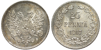 Россия для Финляндии 25 пенни 1917 S, временное правительство, без короны KM 19, Биткин 2 серебро 75-1525