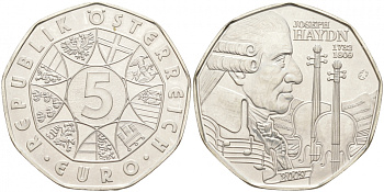 Австрия 5 евро 2009 200 лет  Йозефа Гайдна KM 3170 серебро UNC 1521-1114