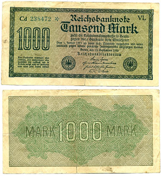 Германия 1000 марок 1922 15 сентября 1922, водяной знак G, белая бумага Pick 76 e  бумага   435-24-2-2