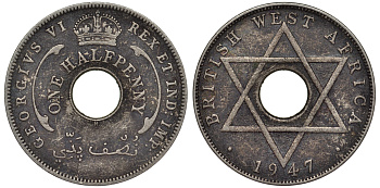 Британская Западная Африка 1/2 пенни 1947 H, Георг VI KM 18 медно-никель 25-2224