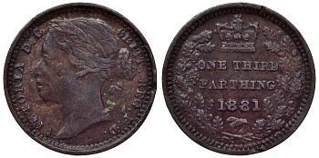 Великобритания 1/3 фартинга 1881 Виктория (1837-1901) KM 750, Spink 3960 бронза 1531-241