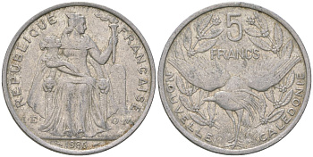 Французская Новая Каледония 5 франков 1986 птица кагу, (IEOM) KM 16, Schoen 12, Lec 76 алюминий 180-735