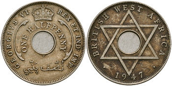 Британская Западная Африка 1/2 пенни 1947 H, Георг VI KM 18 медно-никель 25-1237