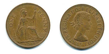 Великобритания 1 пенни 1966 Елизавета II (1952-2022) КМ 897, Spink 4157 бронза 540-645