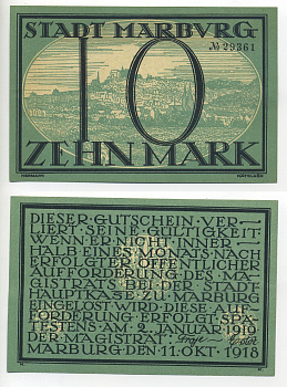 МАРБУРГ 10 МАРОК 1918 НОТГЕЛЬД, 11 ОКТЯБРЯ 1818 - 2 ЯНВАРЯ 1919, ЗЕМЛЯ ГЕССЕН бумага 7217-42-1