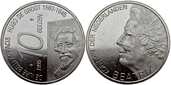 Нидерланды 10 гульденов 1995 300 лет со дня смерти Хьюго Грута, королева Беатрикс KM 220 серебро 1524-934
