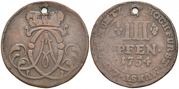 Мюнстер 3 пфеннига 1754 с отверстием KM 178 медь 73-156